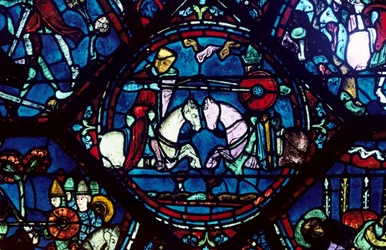 Combate entre Roldán y el Rey Marsile, vidriera, Catedral de Chartres, Francia, 1194-1260