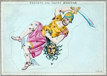 Constelación de Perseo, mostrando a él llevando la cabeza de Medusa, c. 1820