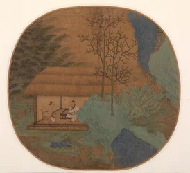Conversación en una cabaña con techo de paja, finales de 1200s