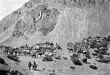 Convoy de arrieros al pie de la Cordillera, América del Sur, 1895