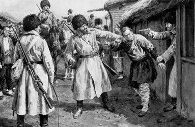 Cosacos buscando espías japoneses en un pueblo manchú, Guerra Ruso-Japonesa, 1904-5