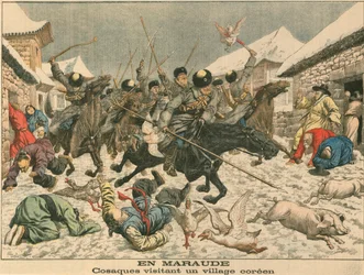 Cosacos aterrorizando una aldea coreana, Guerra Ruso-Japonesa