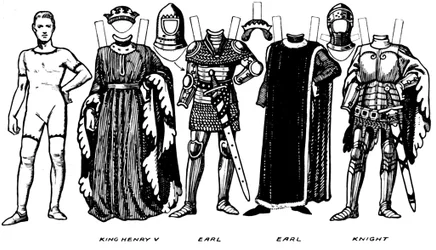 Trajes de hombres y mujeres usados en el período del reinado de Enrique V, c1934