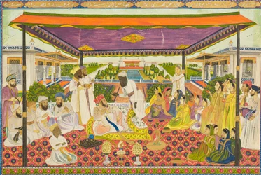 Escena de corte con fondo panorámico de palacio y jardín