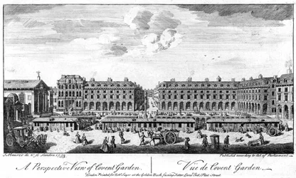 Covent Garden, Londres, mostrando puestos en el centro de la plaza, 1753