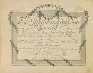 Portada de la primera edición de la ópera El rapto en el serrallo de Mozart, después de 1786