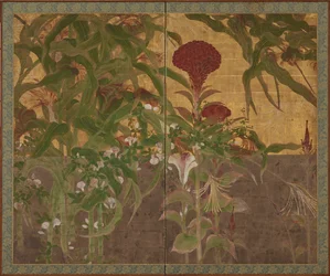 Gallos, maíz y glorias de la mañana, período Momoyama, siglo XVII