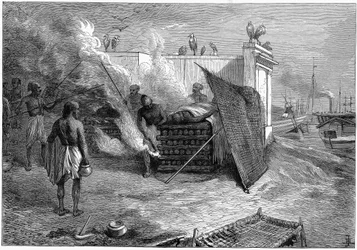 Cremación de los muertos en piras funerarias, Calcuta, India, 1879