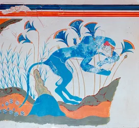 Fresco cretense de un mono y papiro, siglo XVI-XIV a.C.