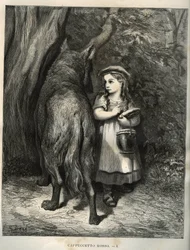 Cruzando el bosque, Caperucita Roja se encuentra con el lobo. Grabado de Gustave Doré (1832-1883) de Les contes de Charles Perrault (1628-1703)