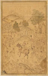 Escena de multitud con figura montada, siglo XVI