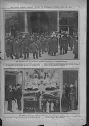 Multitudes fuera de Lloyds de Londres, chefs a bordo, y las oficinas de White Star, 20 de abril de 1912