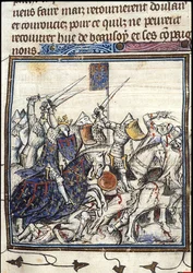 Cruzados y sarracenos luchando durante la Tercera Cruzada. De las Crónicas de Francia o de San Denis, después de 1380