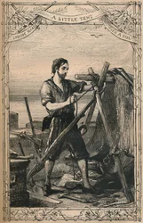 Crusoe hace una pequeña tienda con una vela, c1870