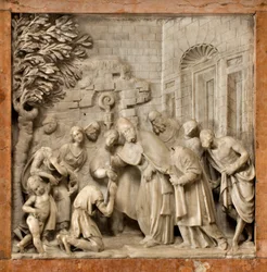 Cripta, Arca de los Santos Marcelino y Pedro Exorcista, Lorenzo Trotti, La conversión del carcelero Artemio, Catedral de Santa Maria Assunta, Catedral, Cremona, Lombardía, Italia