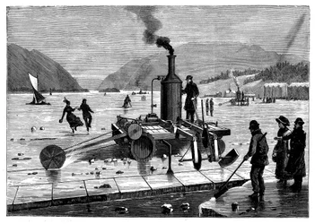Cortando hielo en el río San Lorenzo, Canadá, usando una sierra a vapor, 1894