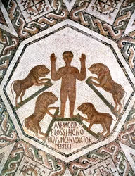 Daniel en el foso de los leones, mosaico romano de Bordj El Loudi, Túnez, siglo V d.C.