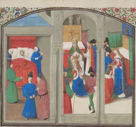 Muerte de Balduino IV. Coronación de Guido de Lusignan. Miniatura de la Historia de Guillermo de Tiro, década de 1460