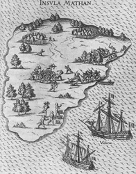 Muerte de Magallanes en la isla filipina de Mactán. De la descripción de Levinus Hulsius