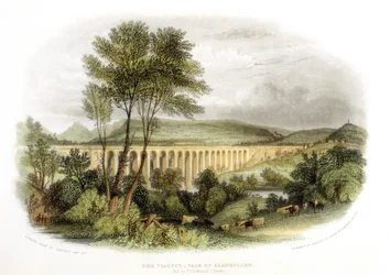 Viaducto de Dee, Valle de Llangollen, en el ferrocarril de Shrewsbury, Gales y Chester c1848