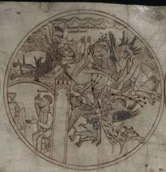 Demonios atacan a Guthlac Manuscrito La vida de San Guthlac, principios del siglo XII
