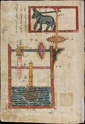 Diseño en cada lado para rueda hidráulica accionada por energía de burro, fechado A.H. 715 A.D. 1315