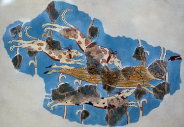 (detalle) de un fresco micénico que muestra una caza de jabalíes
