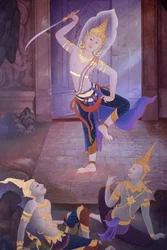 Detalle de una pintura mural en el Uposatha (sala del santuario) del templo Buddhapadipa, Wimbledon, Gran Bretaña