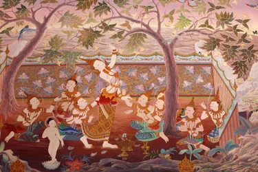 (detalle) de una pintura mural en el Uposatha (sala del santuario) del templo Buddhapadipa, Wimbledon, Gran Bretaña