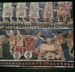 (detalle) del Estandarte de Ur, mostrando un carro de guerra sumerio, sur de Irak, alrededor de 2600-2400 a.C.