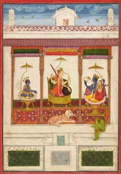 Devi con Krishna y Vishnu en un palacio, ca. 1645-1655