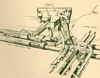 Diagrama de la nueva estación de metro en Oxford Circus, 1930