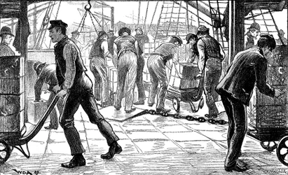 Estibadores descargando té en los muelles de Londres, 1889
