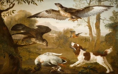 Perro cuidando un pato muerto de aves de presa, 1700-1800