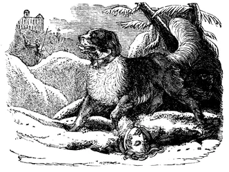 Perro del Hospicio de San Bernardo encontrando a un viajero en la nieve, c1840