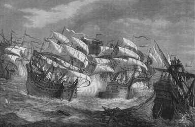 Drake atacando el barco del tesoro español, c1578, c1880
