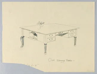 Dibujo, Diseño para una Mesa de Biblioteca con Nicho Lateral y Variación de Pierna Indicada