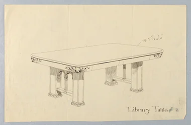 Dibujo, Diseño para Mesa de Biblioteca Rectangular #2 con Caras de Putti Talladas en Cada una de las Esquinas Redondeadas