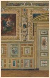 Dibujo, Sección de una pared mostrando grupos de paneles pintados, Cámara Oval, Salón Luis XIV, Palacio de Fontainebleau, Francia