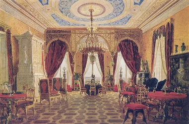 Sala de dibujo en la Casa Solariega Grafskaya Slavyanka de la Condesa Julia Samoilova, mediados del siglo XIX