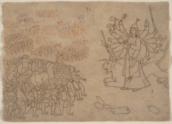 Durga Confronta al Ejército del Demonio Chikshura: Escena del Devi Mahatmya