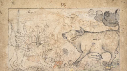 Durga confronta al demonio búfalo Mahisha: Escena del Devi Mahatmya, ca. 1780