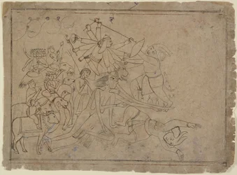 Durga, Kali y las Matrikas luchan contra el demonio Raktabija: Escena del Devi Mahatmya, ca. 1780