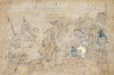 Durga y Kali se acercan a los ejércitos reunidos de Chanda y Munda, ca. 1780