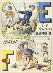 E F: zancos, columpio, honda - Alfabeto de juegos, c.1890