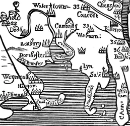 Mapa temprano de la Bahía de Massachusetts, EE.UU.