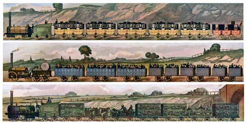 Primeros vagones de ferrocarril, el ferrocarril de Liverpool y Manchester, Inglaterra, 1831, c1900-1920