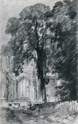 Iglesia de East Bergholt: parte del extremo oeste visto más allá de un grupo de olmos, 1812, 1925