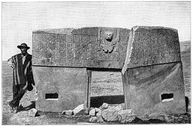 Aspecto oriental de la puerta monolítica de Akapana, Tiahuanaco, Bolivia, 1901