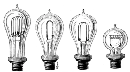 Lámparas incandescentes de Edison mostrando varias formas de filamento de carbono, 1883